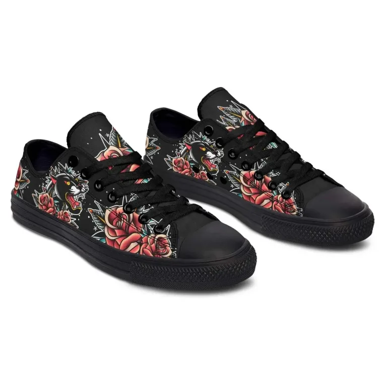 Panther in Flower Low Canvas Shoes - Black Sole